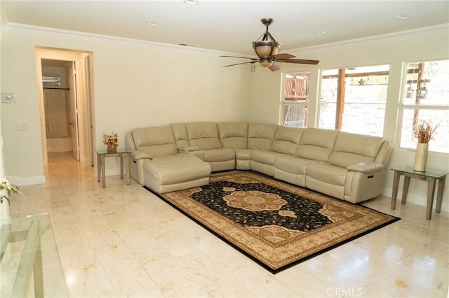2417 Lenai Cir, Corona, CA 92879 - living area with a ceiling fan and crown molding