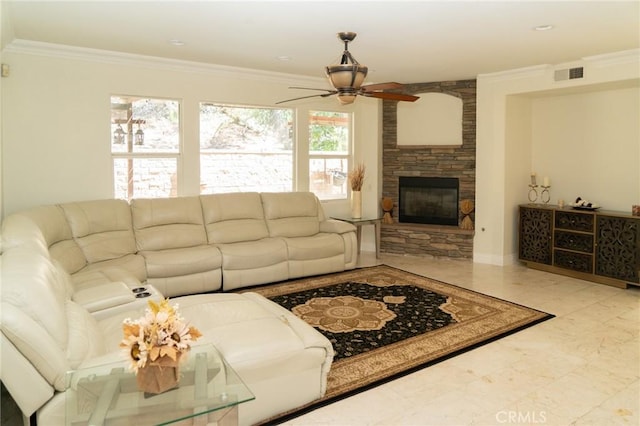 2417 Lenai Cir, Corona, CA 92879 - living area featuring ceiling fan, a fireplace, and ornamental molding