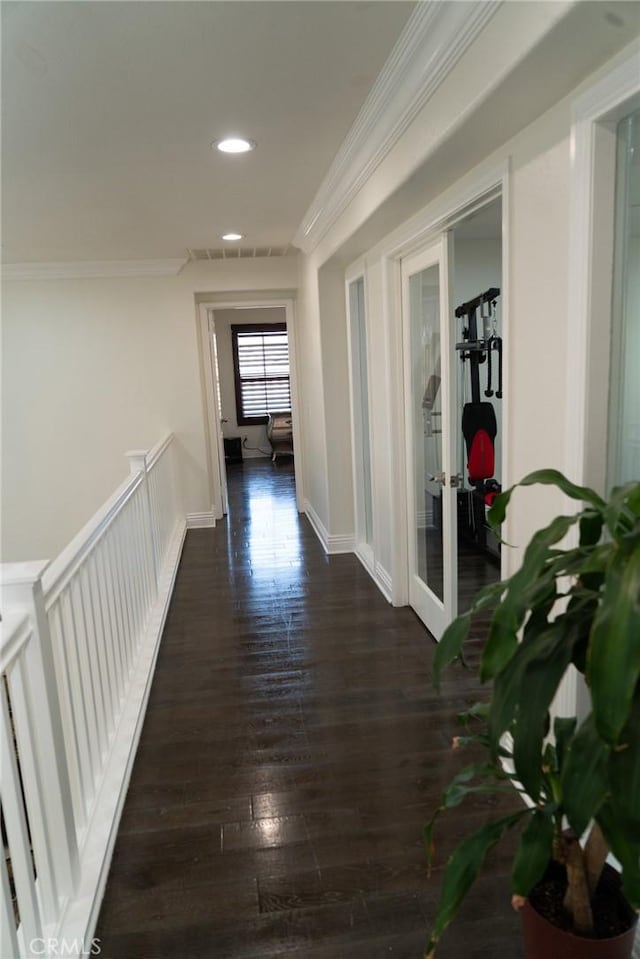 2417 Lenai Cir, Corona, CA 92879 - hallway featuring ornamental molding, french doors, dark wood-style floors, and recessed lighting