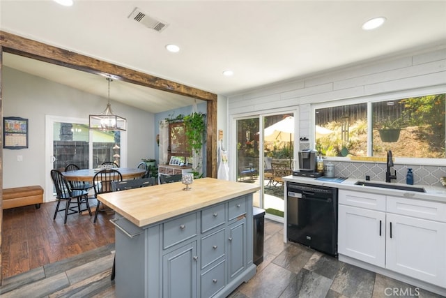 705 Old Bridge Rd, Fallbrook, CA 92028 - kitchen with dishwasher, white cabinetry, butcher block countertops, healthy amount of natural light, and recessed lighting