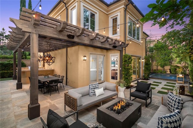 24 Tesoro, Irvine, CA 92618 - view of patio with an outdoor living space with a fire pit, french doors, a pergola, an outdoor pool, and outdoor dining area