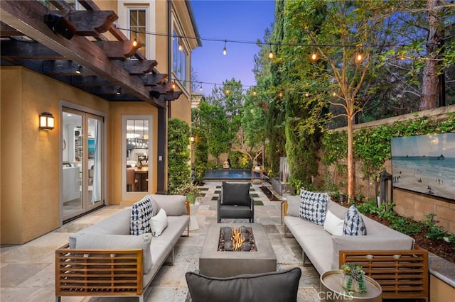 24 Tesoro, Irvine, CA 92618 - view of patio / terrace featuring an outdoor living space with a fire pit, french doors, and a pergola