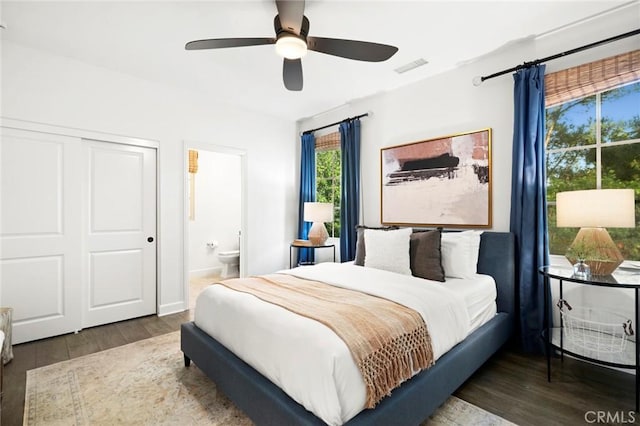 24 Tesoro, Irvine, CA 92618 - bedroom featuring wood finished floors, a ceiling fan, a closet, and ensuite bathroom