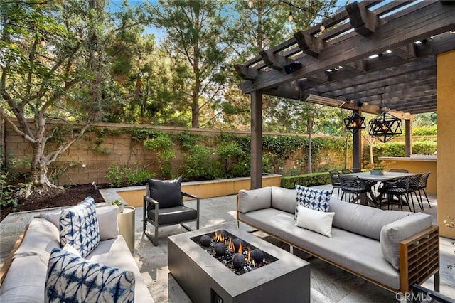 24 Tesoro, Irvine, CA 92618 - fenced backyard featuring an outdoor living space with a fire pit, a patio area, a pergola, and outdoor dining space