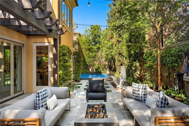 24 Tesoro, Irvine, CA 92618 - view of patio with an outdoor living space with a fire pit, an outdoor pool, and a pergola