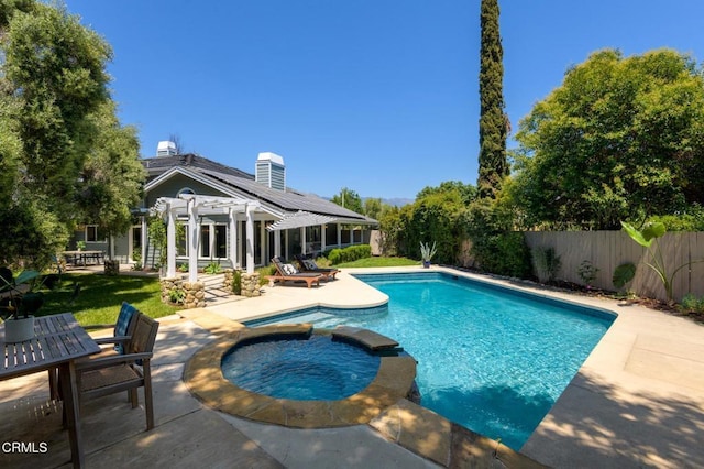 131 Christopher Ln, Ojai, CA 93023 - view of pool with a pergola, a patio area, a fenced backyard, and a pool with connected hot tub