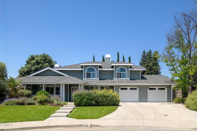 131 Christopher Ln, Ojai, CA 93023 - traditional home featuring a front lawn, concrete driveway, covered porch, a chimney, and a shingled roof