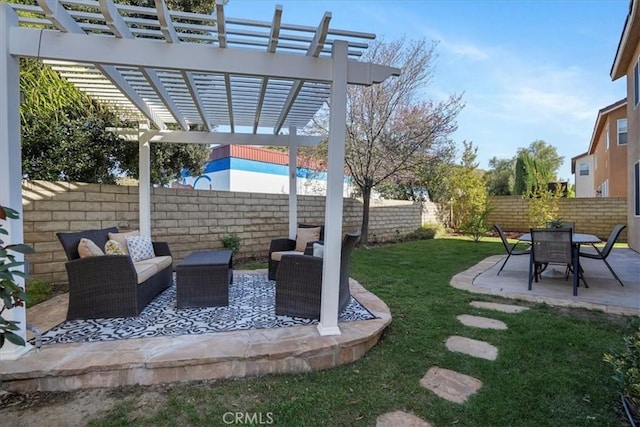 30336 Barcelona Rd, Castaic, CA 91384 - fenced backyard with a patio area, an outdoor living space, and a pergola