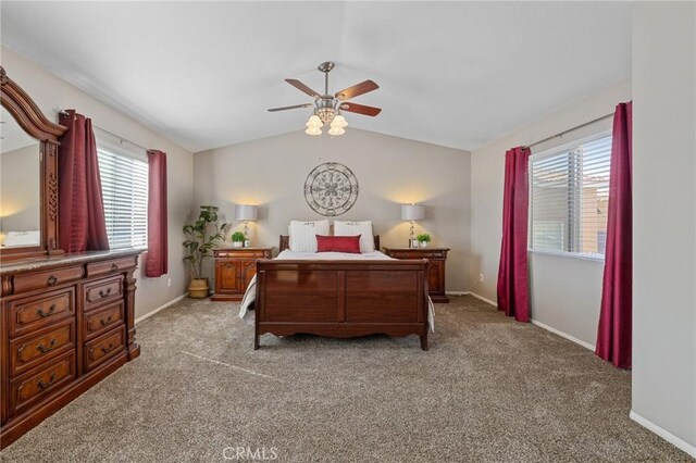 30336 Barcelona Rd, Castaic, CA 91384 - bedroom featuring vaulted ceiling, light carpet, multiple windows, and ceiling fan