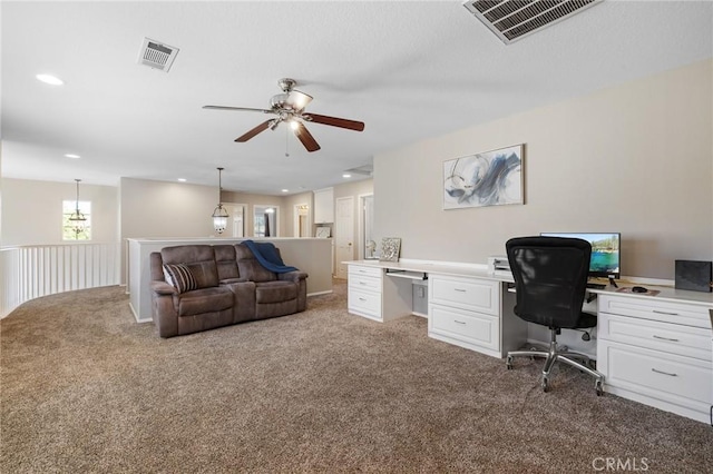 30336 Barcelona Rd, Castaic, CA 91384 - carpeted office space with built in study area, ceiling fan, and recessed lighting