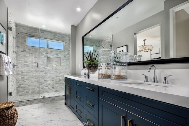 2626 Everly Dr, San Diego, CA 92108 - full bathroom featuring a shower stall, double vanity, marble finish floors, a chandelier, and recessed lighting
