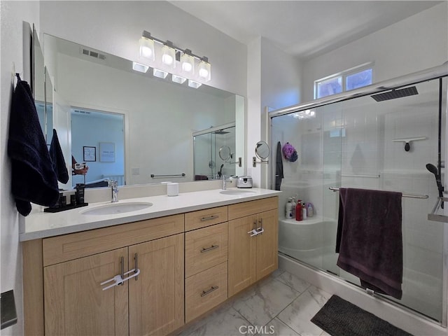 1014 Savi Dr Unit 104, Corona, CA 92878 - full bath featuring double vanity, a stall shower, and marble look tile flooring