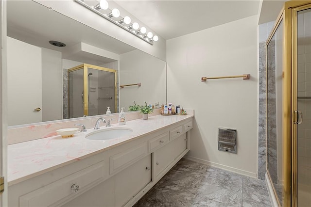3500 W Manchester Blvd Unit 240, Inglewood, CA 90305 - bathroom with heating unit, vanity, a shower stall, and marble look tile flooring