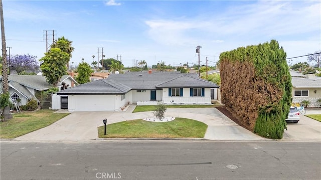 8771 La Grand Ave, Garden Grove, CA 92841 - ranch-style house with concrete driveway, a front lawn, a garage, stucco siding, and a tile roof