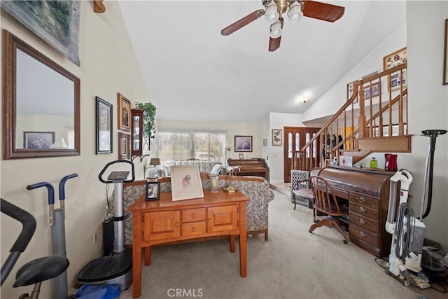 1142 Daisy Cir, Corona, CA 92882 - living area featuring carpet flooring, a ceiling fan, stairway, and high vaulted ceiling