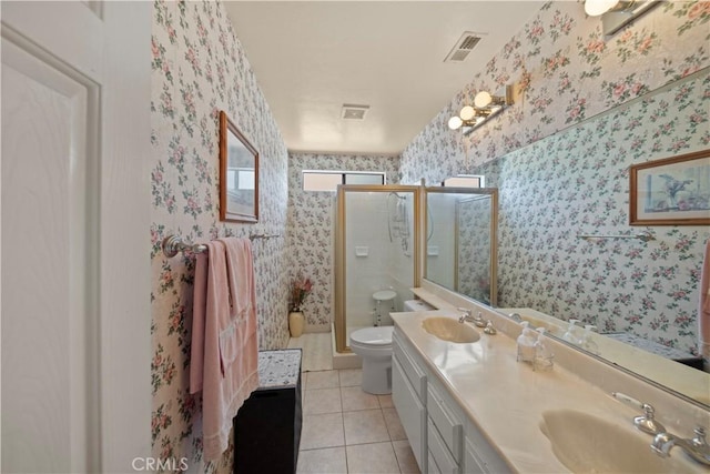 1142 Daisy Cir, Corona, CA 92882 - bathroom featuring tile patterned flooring, wallpapered walls, double vanity, and a stall shower