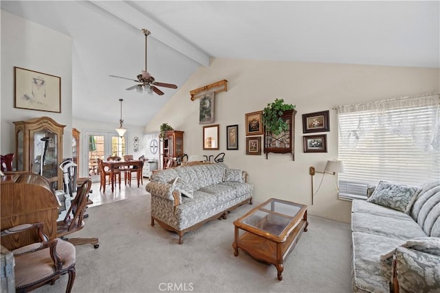 1142 Daisy Cir, Corona, CA 92882 - carpeted living room with high vaulted ceiling, ceiling fan, and beamed ceiling
