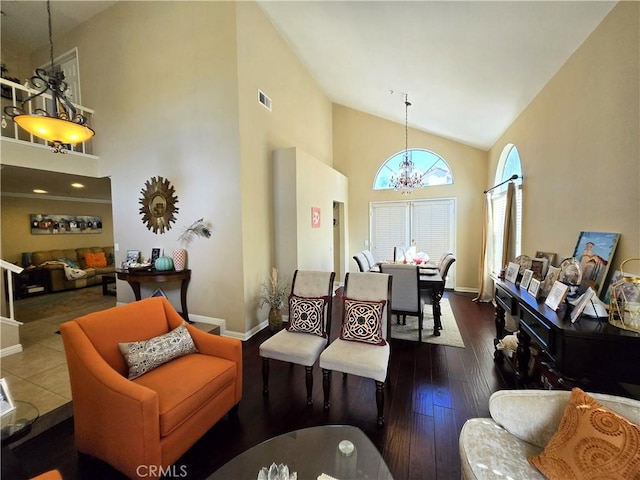 25632 Salerno Way, Yorba Linda, CA 92887 - living area with high vaulted ceiling, a chandelier, and dark wood finished floors