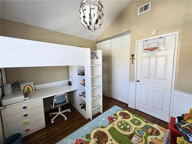 25632 Salerno Way, Yorba Linda, CA 92887 - bedroom with dark wood-style floors, vaulted ceiling, a desk, and a closet