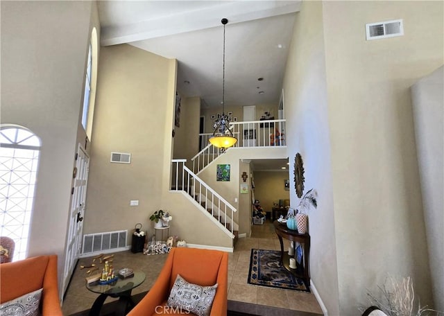 25632 Salerno Way, Yorba Linda, CA 92887 - foyer entrance with a high ceiling, tile patterned floors, stairway, and healthy amount of natural light
