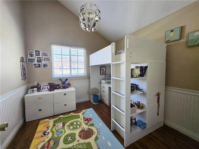 25632 Salerno Way, Yorba Linda, CA 92887 - bedroom with dark wood-style floors, a wainscoted wall, and lofted ceiling