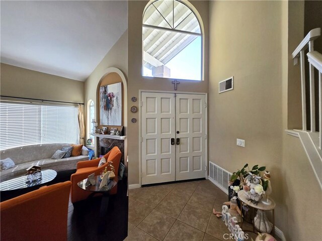25632 Salerno Way, Yorba Linda, CA 92887 - foyer entrance featuring high vaulted ceiling and dark tile patterned flooring