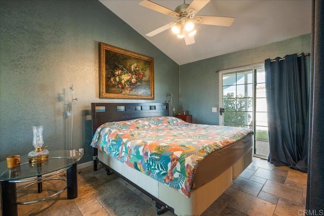 772 Rainbow Crest Rd, Fallbrook, CA 92028 - bedroom featuring stone tile floors, access to outside, a ceiling fan, high vaulted ceiling, and a textured wall