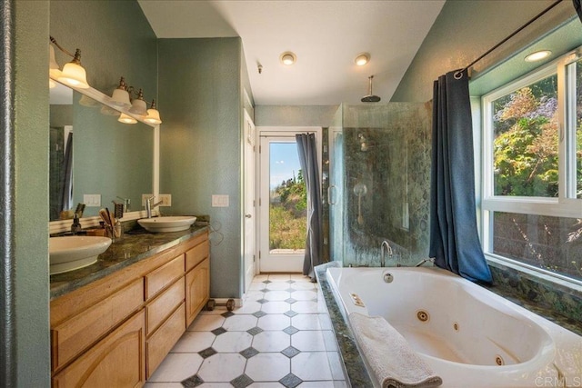 772 Rainbow Crest Rd, Fallbrook, CA 92028 - bathroom featuring a shower stall, healthy amount of natural light, double vanity, a tub with jets, and lofted ceiling