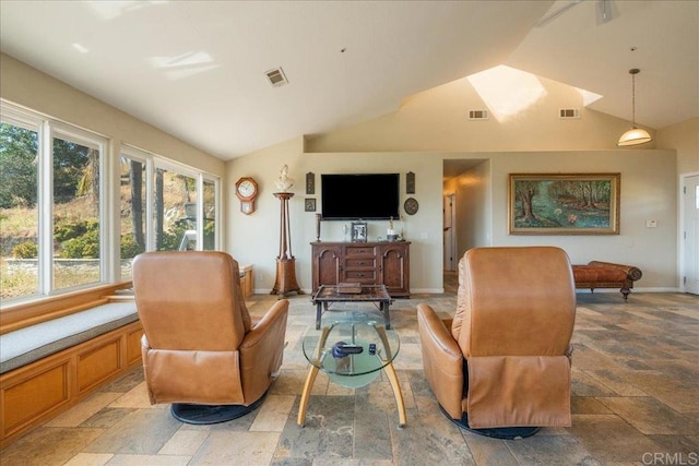 772 Rainbow Crest Rd, Fallbrook, CA 92028 - living room featuring stone tile floors and high vaulted ceiling