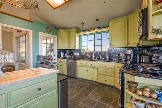 772 Rainbow Crest Rd, Fallbrook, CA 92028 - kitchen with stainless steel appliances, backsplash, butcher block countertops, and dark stone finish flooring