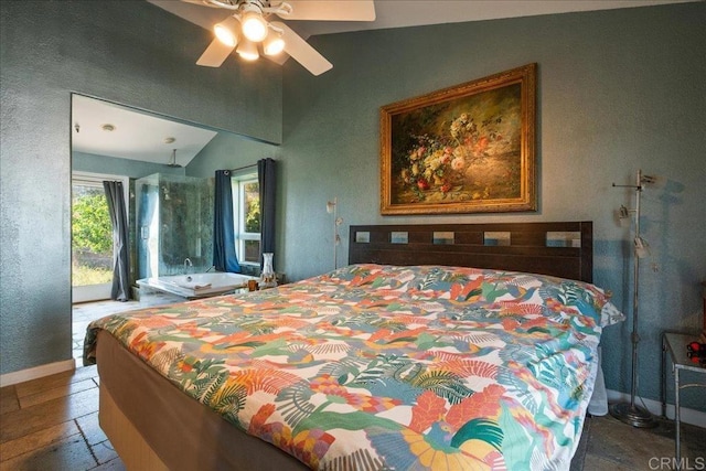 772 Rainbow Crest Rd, Fallbrook, CA 92028 - bedroom featuring access to outside, vaulted ceiling, stone tile floors, and a ceiling fan