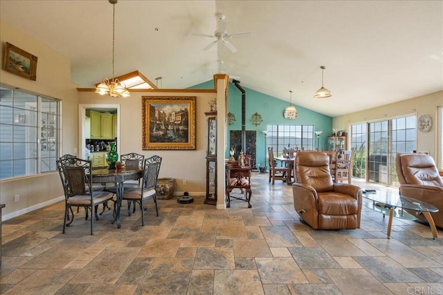 772 Rainbow Crest Rd, Fallbrook, CA 92028 - dining area featuring stone tile floors, a ceiling fan, and high vaulted ceiling