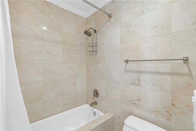 7505 Hampton Ave Unit 8, West Hollywood, CA 90046 - full bath with crown molding, shower / tub combo, and tile walls