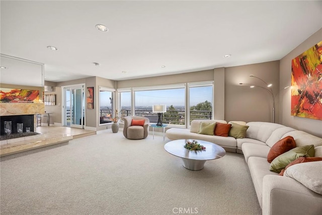 12281 Alta Panorama, North Tustin, CA 92705 - living room with carpet flooring, recessed lighting, and a multi sided fireplace