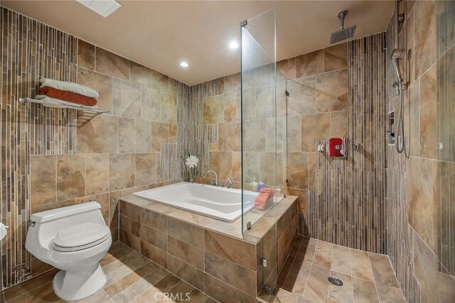 12281 Alta Panorama, North Tustin, CA 92705 - full bathroom with tile walls, a garden tub, tiled shower, recessed lighting, and tile patterned flooring
