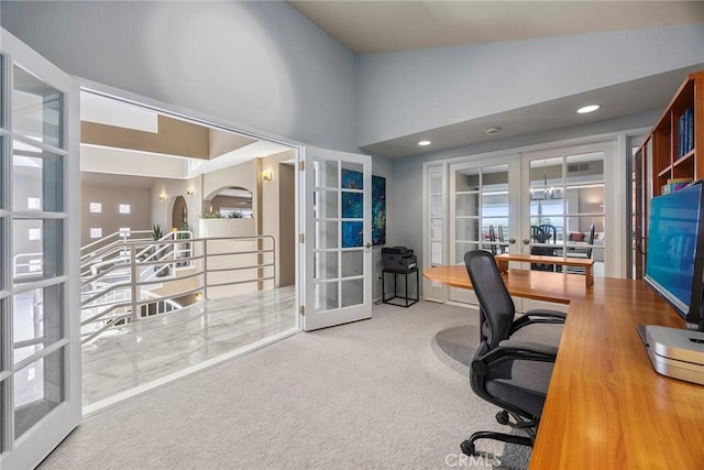 12281 Alta Panorama, North Tustin, CA 92705 - office area with french doors, plenty of natural light, carpet, high vaulted ceiling, and recessed lighting
