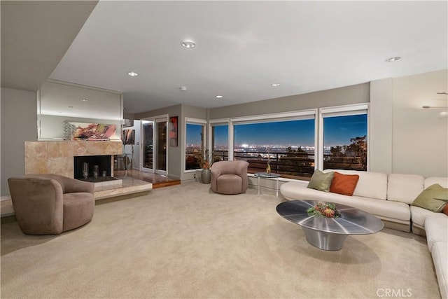 12281 Alta Panorama, North Tustin, CA 92705 - living room with carpet floors, a high end fireplace, and recessed lighting