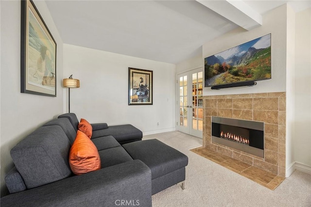 12281 Alta Panorama, North Tustin, CA 92705 - living area with carpet floors, a tile fireplace, and beamed ceiling