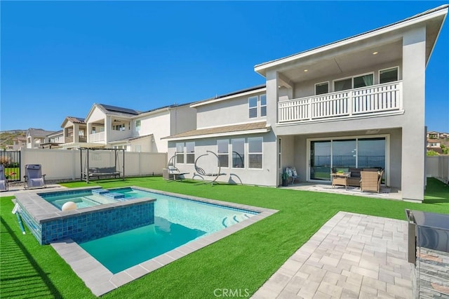 28511 Sparrow Way, Saugus, CA 91350 - rear view of property with a balcony, stucco siding, a patio area, a pool with connected hot tub, and an outdoor hangout area