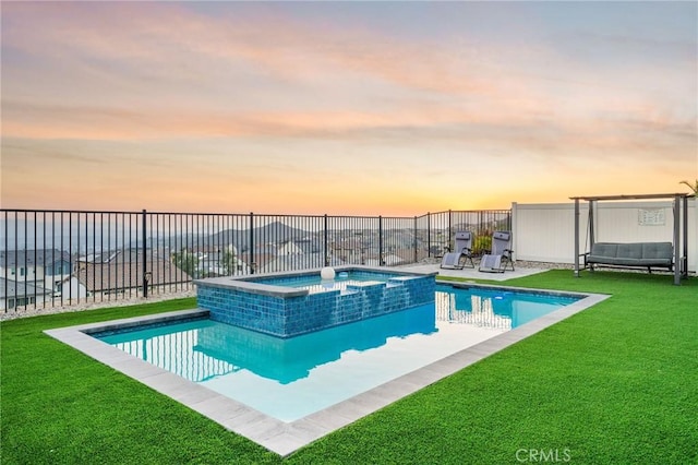 28511 Sparrow Way, Saugus, CA 91350 - pool at dusk featuring a pool with connected hot tub and a water view