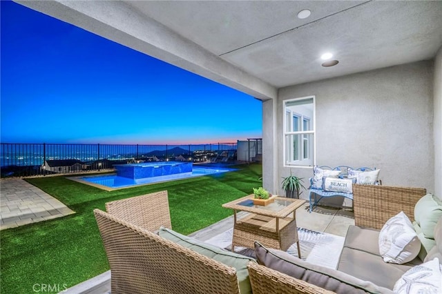 28511 Sparrow Way, Saugus, CA 91350 - fenced backyard featuring an outdoor hangout area, a pool with connected hot tub, and a patio area