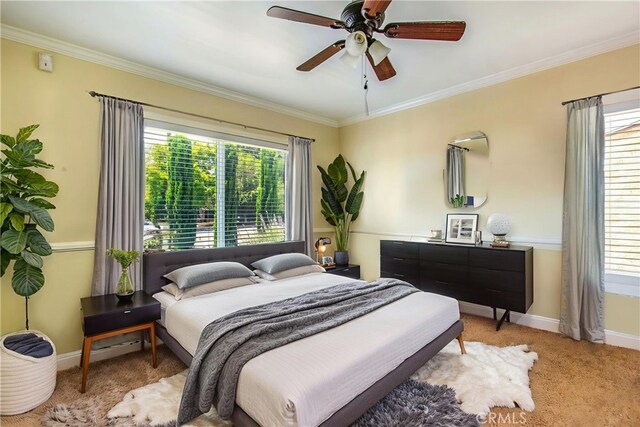 2685 Arrow Hwy, La Verne, CA 91750 - carpeted bedroom featuring multiple windows, ornamental molding, and a ceiling fan