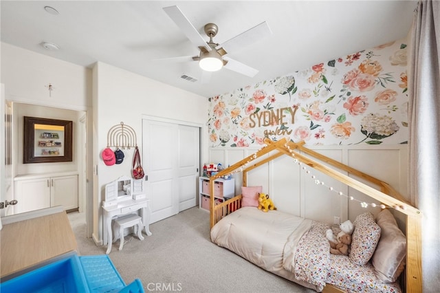 1060 Kendale Way, Vista, CA 92081 - bedroom with light carpet, a closet, ceiling fan, and wallpapered walls
