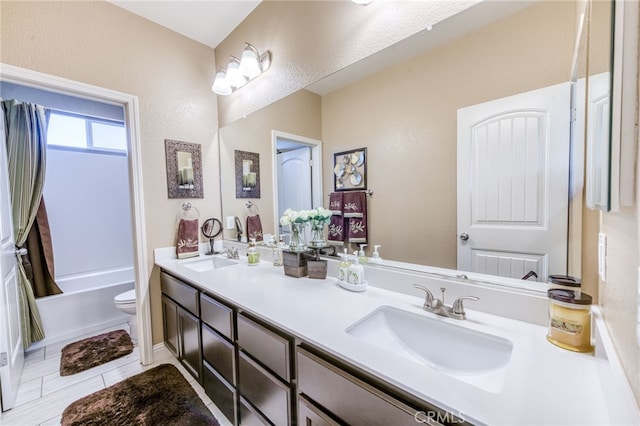 14655 Spanish Bay Way, Chowchilla, CA 93610 - bathroom featuring double vanity, tile patterned flooring, and shower / tub combo with curtain