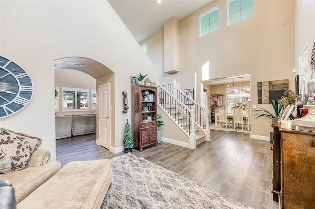 14655 Spanish Bay Way, Chowchilla, CA 93610 - entryway with a high ceiling, arched walkways, healthy amount of natural light, stairway, and wood finished floors