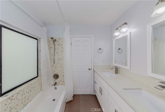 9724 Walker Ct Unit 18, Cypress, CA 90630 - full bathroom featuring shower / bathtub combination with curtain, double vanity, and tile patterned flooring