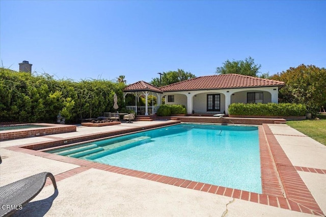 1140 W Lancaster Blvd, Lancaster, CA 93534 - outdoor pool with a gazebo, an in-ground hot tub, french doors, a diving board, and a patio