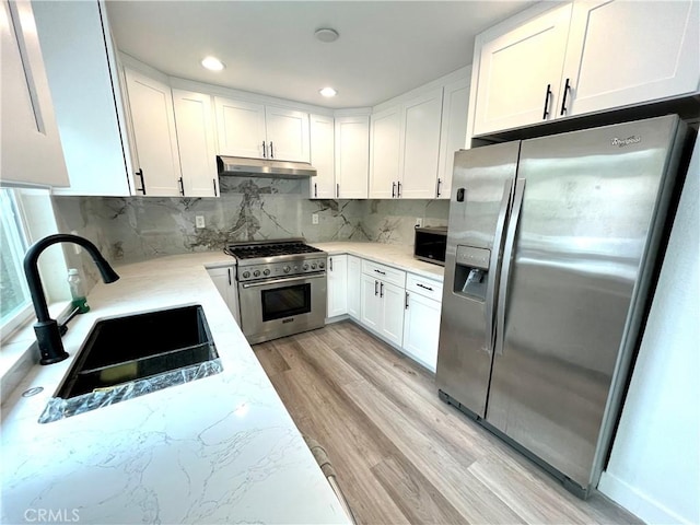 125 Campanita Ct, Monterey Park, CA 91754 - kitchen with stainless steel appliances, under cabinet range hood, white cabinetry, light wood-type flooring, and tasteful backsplash