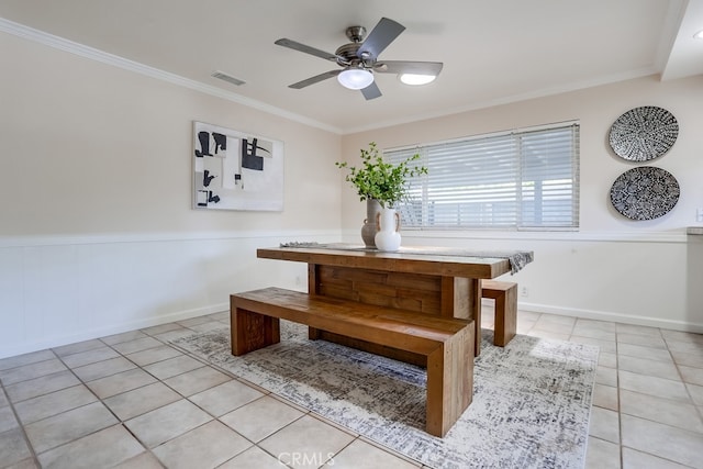 25001 Mackenzie St, Laguna Hills, CA 92653 - dining area featuring light tile patterned floors, ornamental molding, and ceiling fan