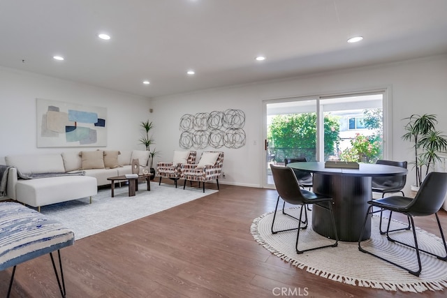 25001 Mackenzie St, Laguna Hills, CA 92653 - dining area featuring recessed lighting, wood finished floors, and crown molding